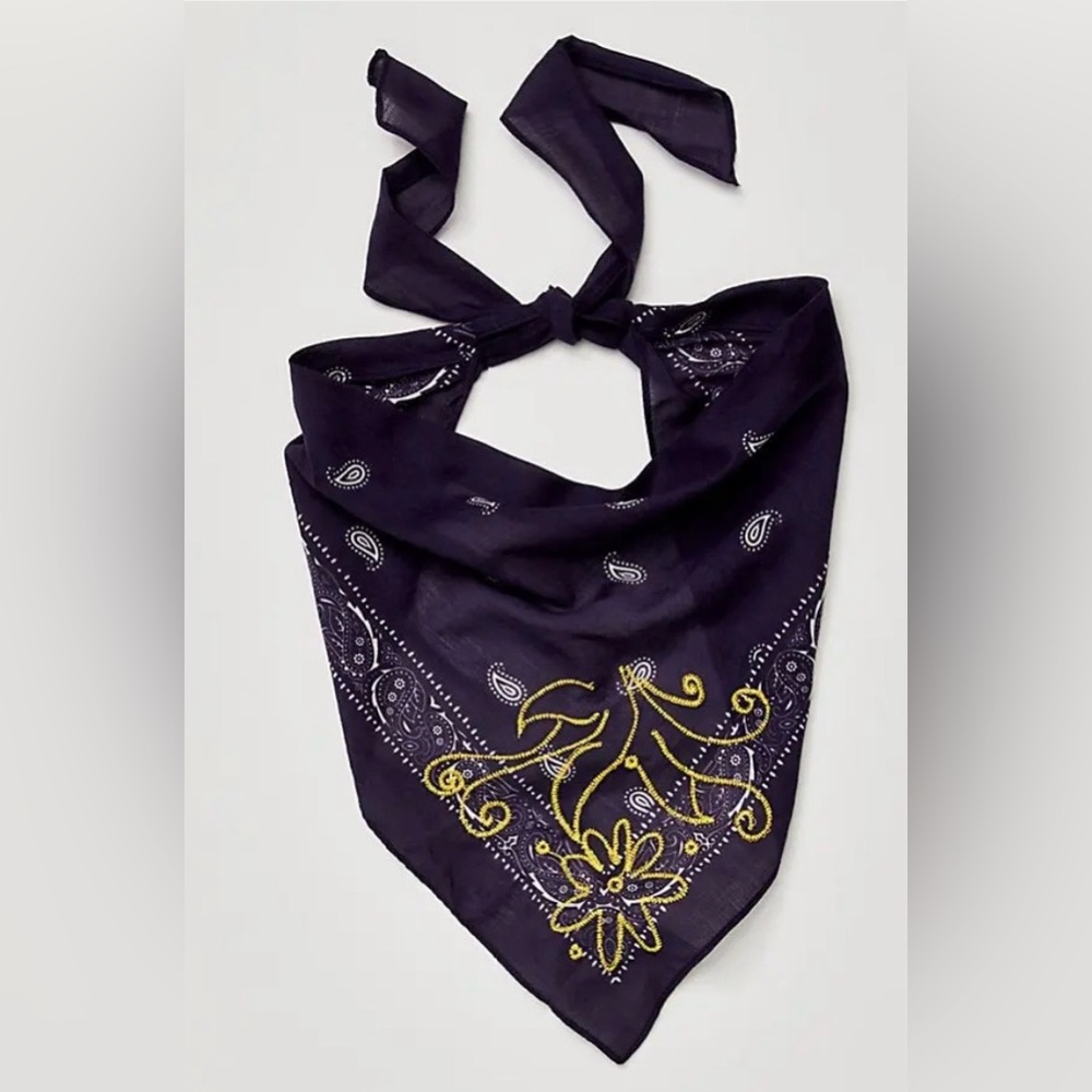 Free People Navy Blue Bandana Scarf with Yellow Embroidery NWOT - Picture 4 of 4